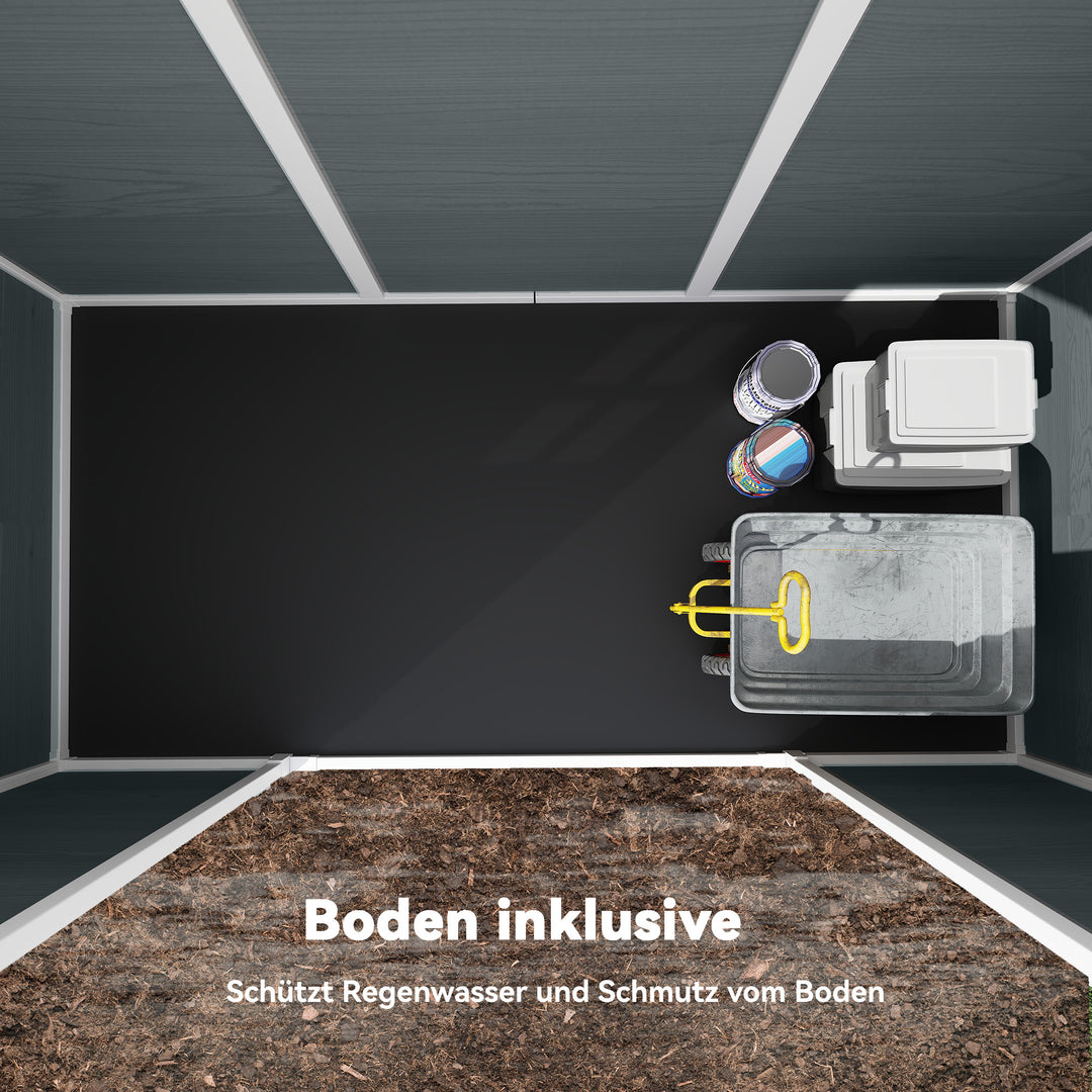 Haveskur 2,77 m², redskabsskur med trælook, 2 vinduer, dobbeltdør, ventilation, gulv, lås, handsker