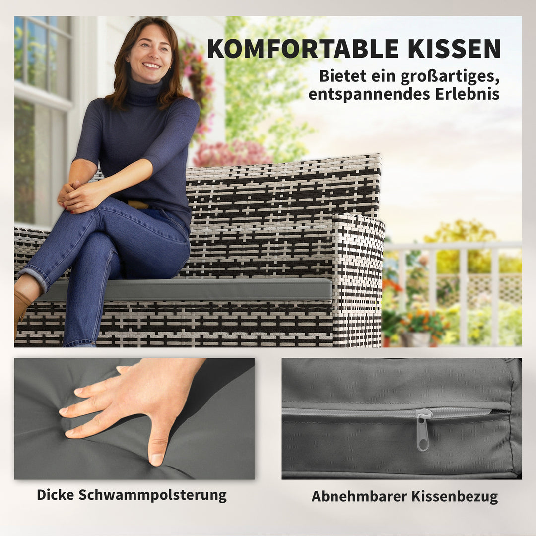 2-personers havesofa i rattan, PE-rattan havesofa med hynder, skridsikre måtter, stålstel, lysegrå