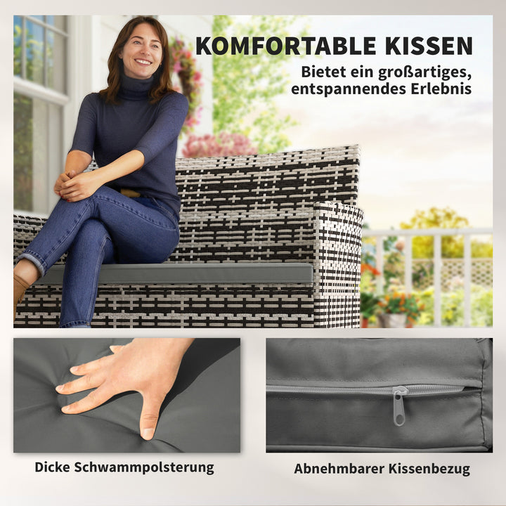 2-personers havesofa i rattan, PE-rattan havesofa med hynder, skridsikre måtter, stålstel, lysegrå