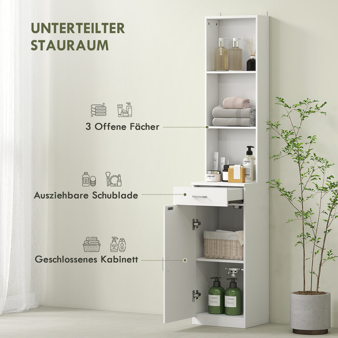 Højt badeværelsesskab, slankt design, skuffe, hylder, skab, spånplade, hvid