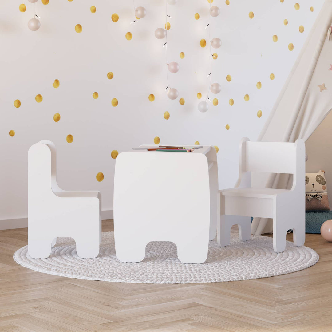 Sæt med børnebord og to børnestole - hvid