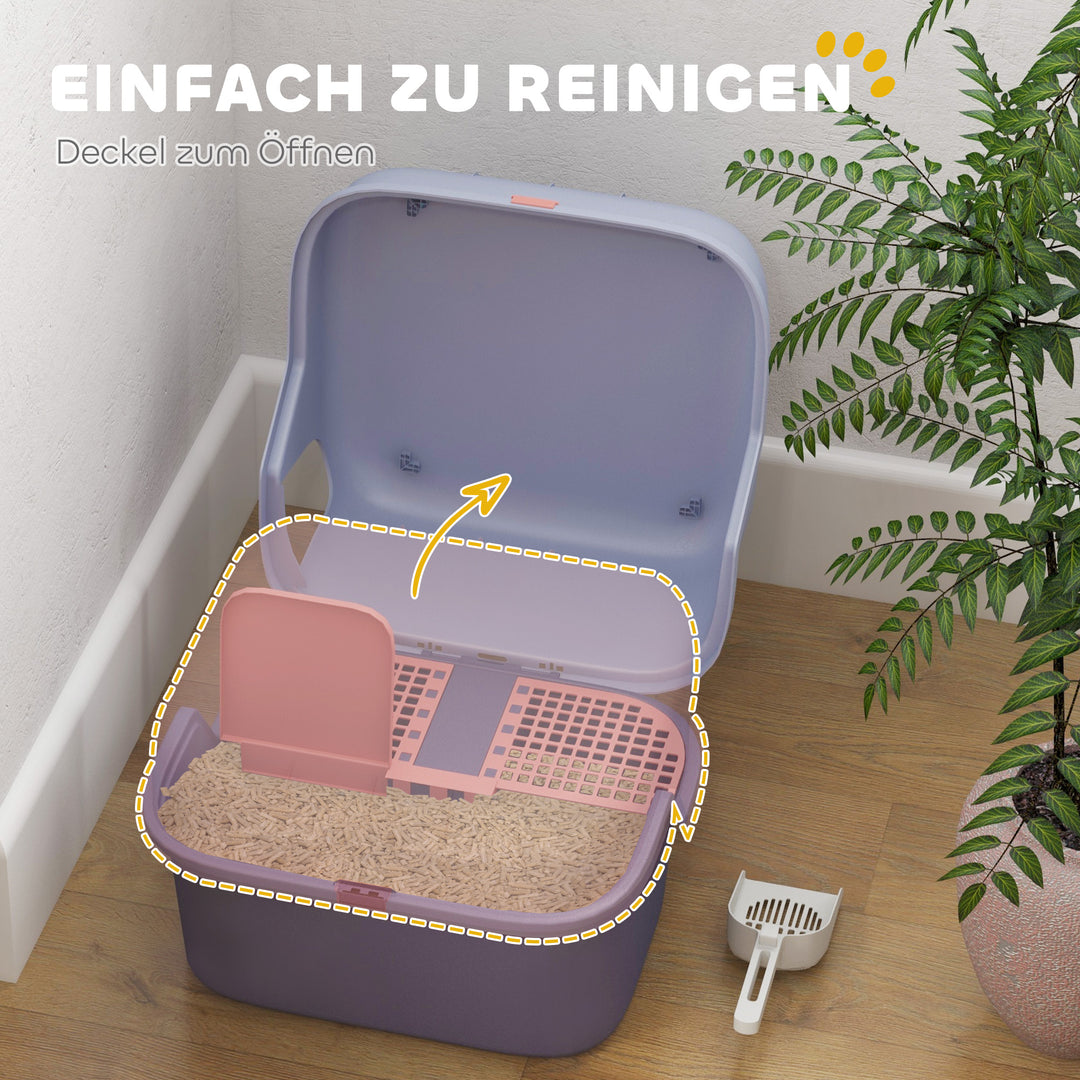 Kattebakke med låg og skovl, nem at rengøre, aflåselig, lilla