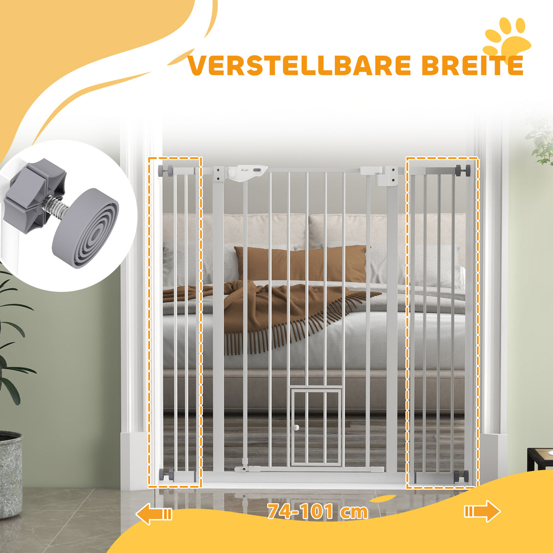Hundegitter, dobbelt låsemekanisme, selvlukkende dør, 104 cm høj, stål, hvid