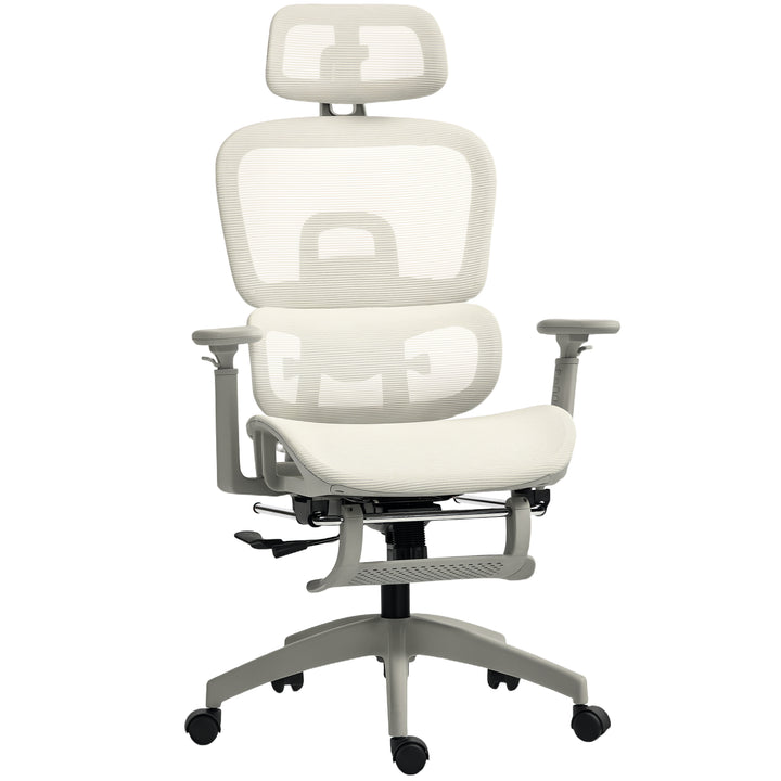 Kontorstol, ergonomisk skrivebordsstol med betræk af netstof, justerbar, hjul, med armlæn og nakkestøtte, beige