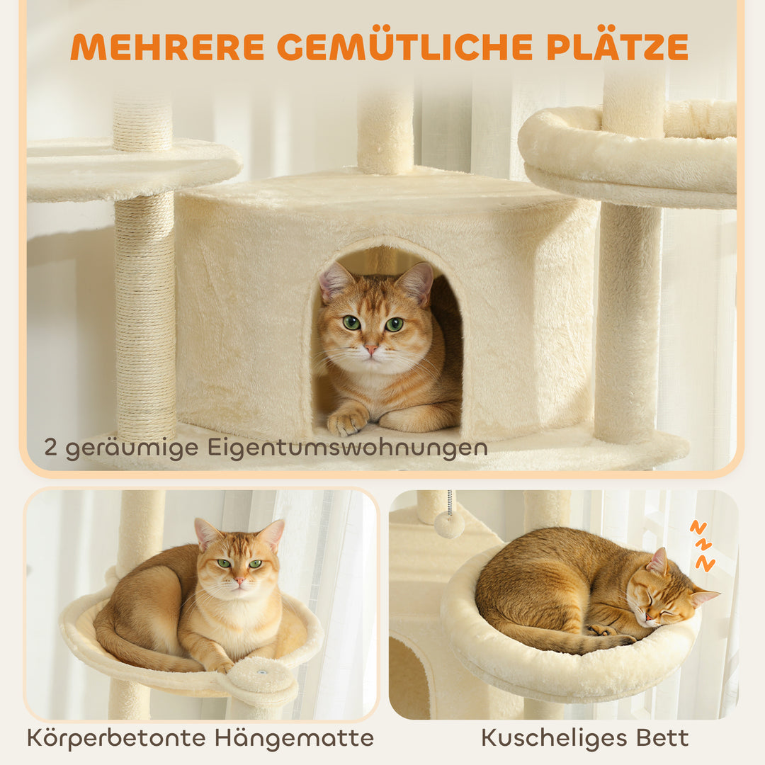 2 meter højt kradsetræ, stort til 2-3 katte, kradsetræer, huler, hængekøje, skjulesteder, design i flere niveauer, sisal, træ, plys, beige