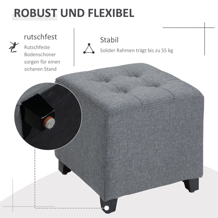 Skammel sædeskammel, knapsøm, hørlook, 35 cm x 35 cm x 35 cm, grå