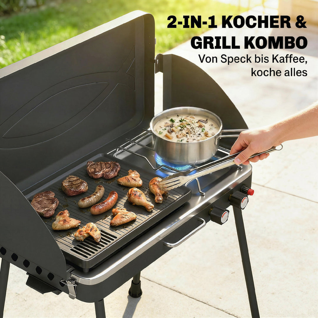 Bærbar gasgrill, 2 brændere, 7 kW, 2-i-1 bordgrill med stegefunktion, foldbare ben, grillrist, vindskærm, låg og låsemekanisme.
