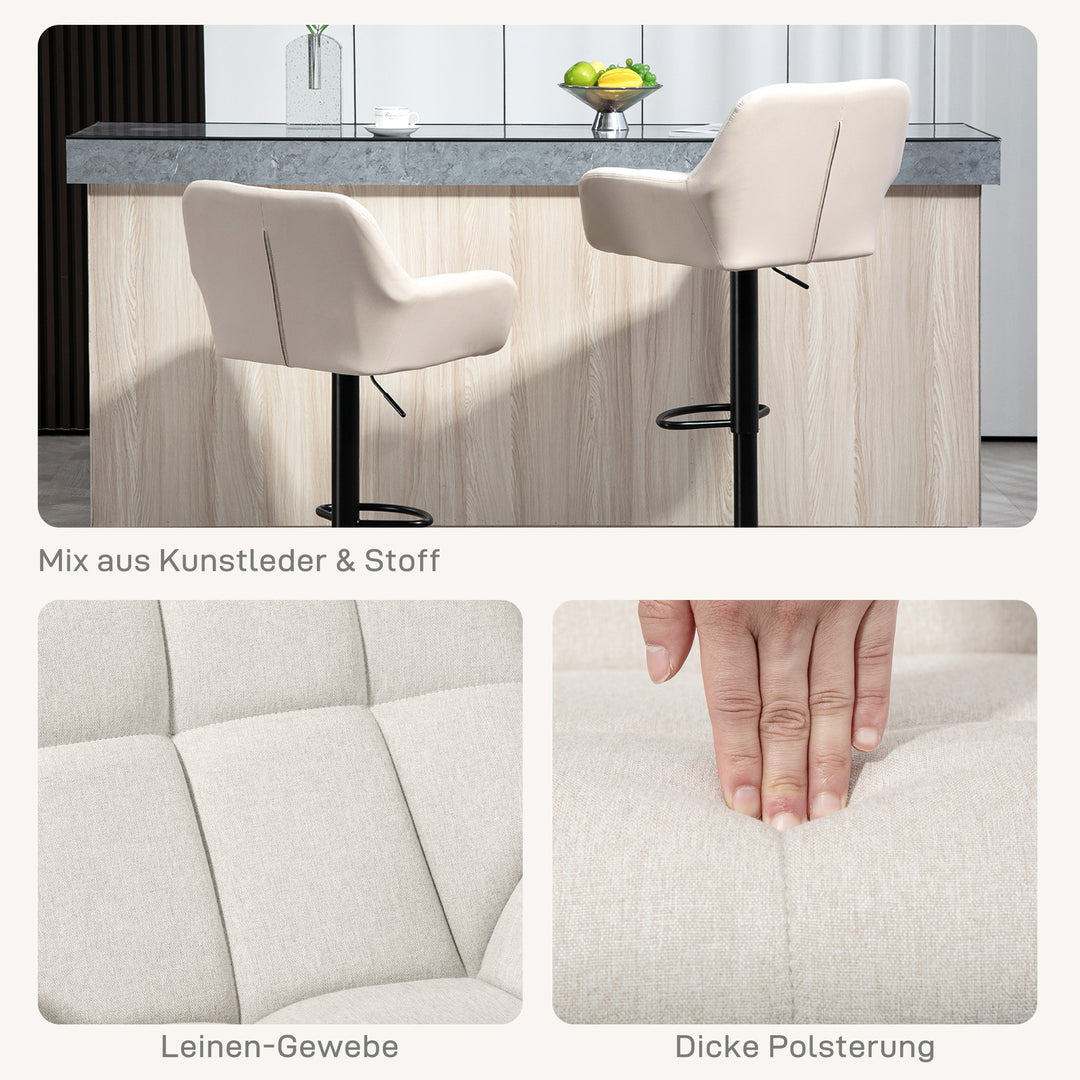 Barstolsæt med 2, retro design, højdejusterbar, kunstlæder, linnedlook, creme + sort