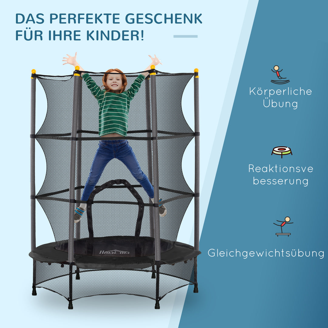 Børnetrampolin, 140 cm diameter, med sikkerhedsnet, til indendørs og udendørs brug, stål, plastik, lasteevne op til 50 kg, sort
