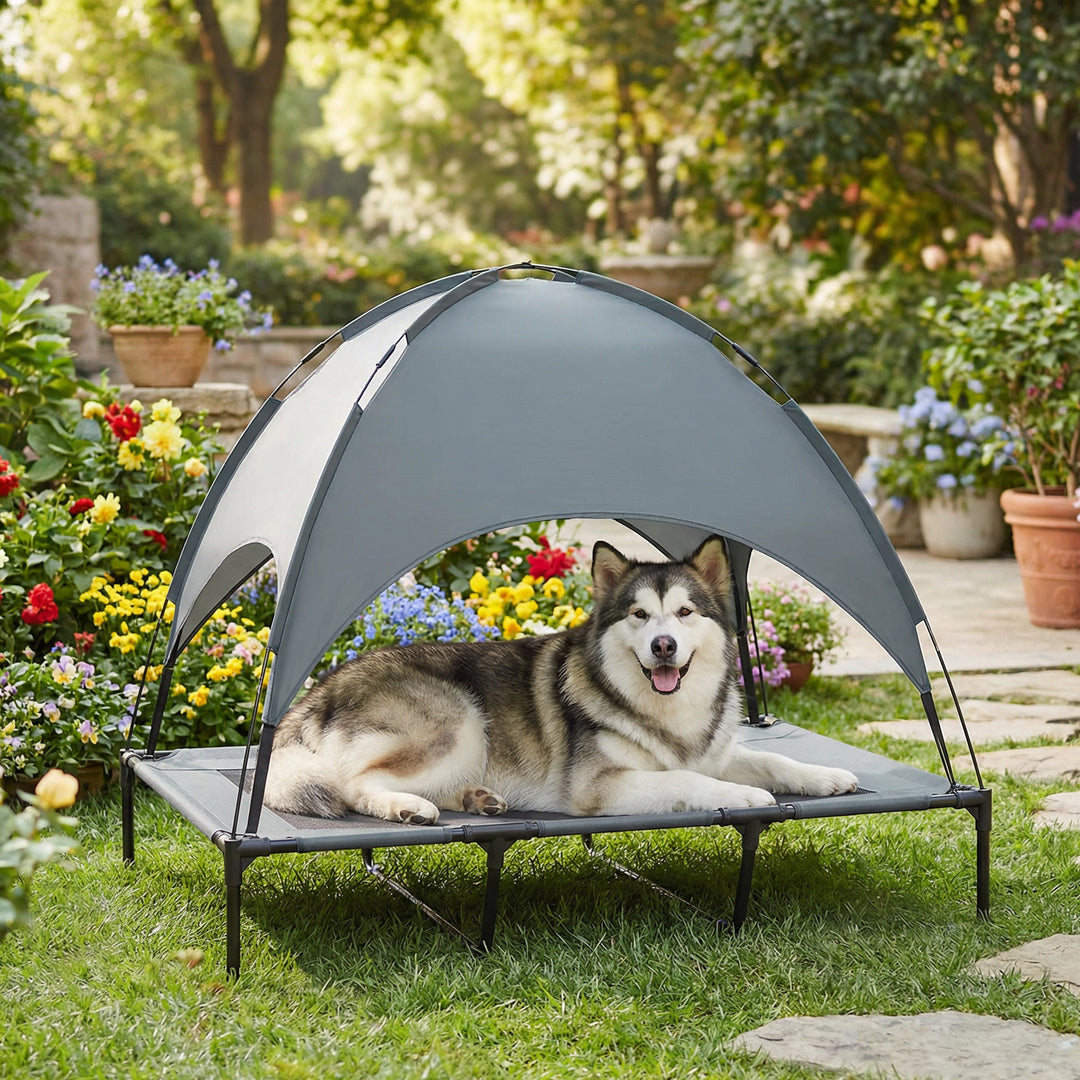 Forhøjet hundeseng med baldakin, kæledyrsseng, udendørs hundeseng med tag, åndbar, taftstof til camping, grå, 122 x 92 x 108 cm