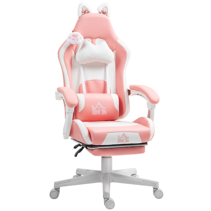 Gamingstol med katteører, lænelæn, udtrækkelig fodstøtte, op til 120 kg, pink/hvid