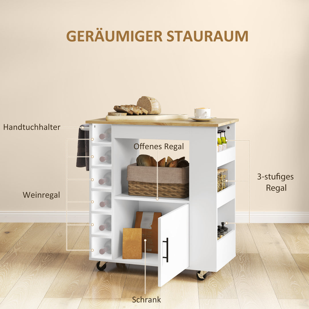 Køkkenvogn, rullende køkkenø, køkkenvogn med rum, vinreoler, skab og bordplade, hvid