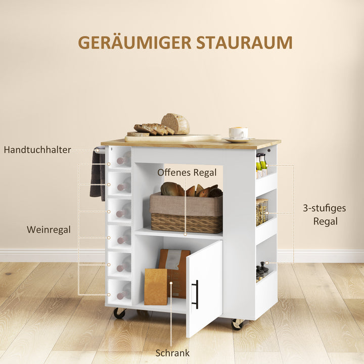 Køkkenvogn, rullende køkkenø, køkkenvogn med rum, vinreoler, skab og bordplade, hvid