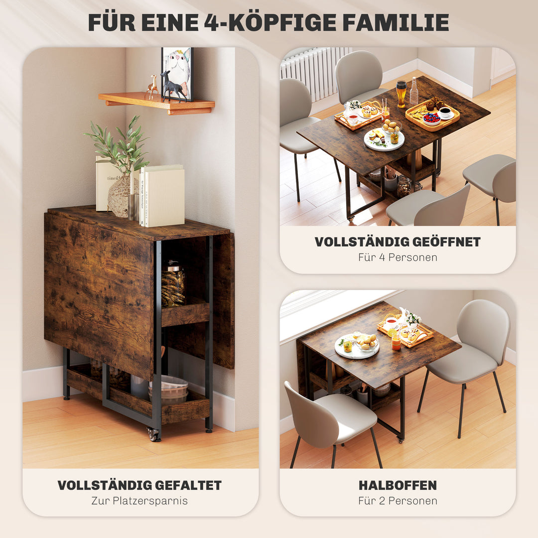 Klapbart spisebord i industrielt design, til op til 4 personer, åbne hylder, fleksibelt, metal, spånplade, brun