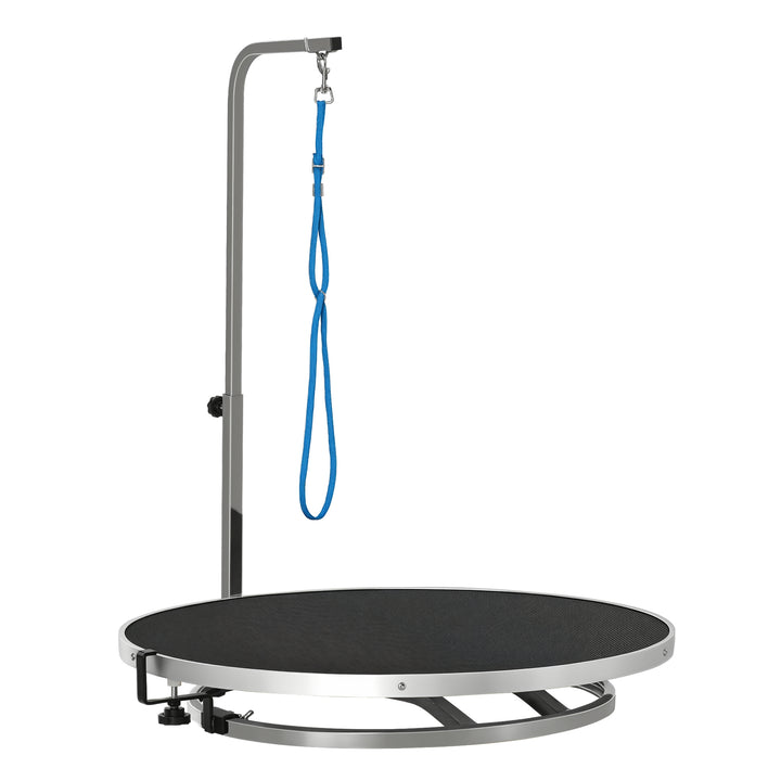 Hundeplejebord roterende tørrebord med justerbar arm skridsikkert bordplade låsesystem aluminiumslegering kant rustfrit stål ramme sikkerhedsline ø65x h10