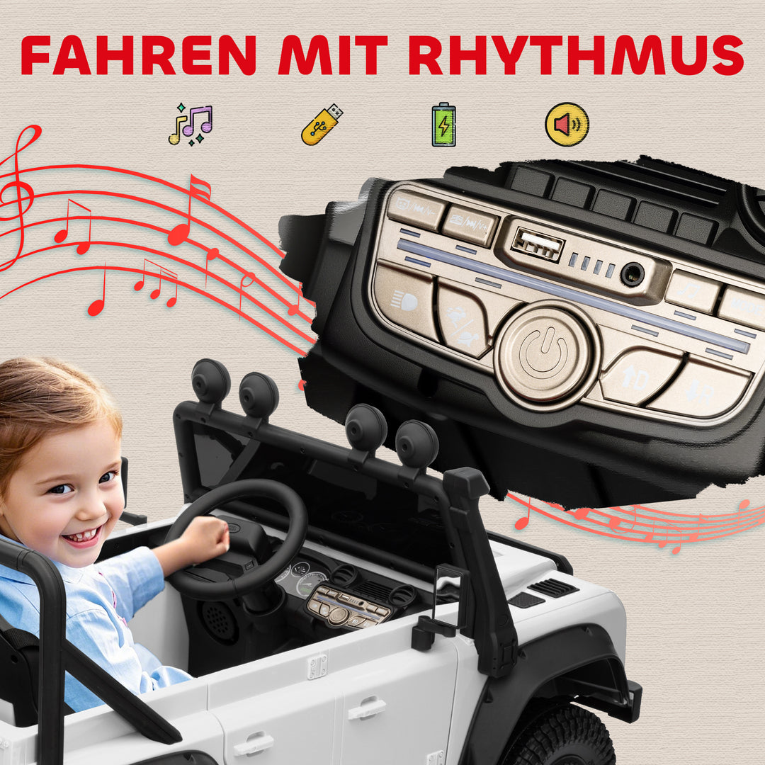 Elbil til børn, 12v batteridrevet, fjernbetjening, musikfunktion, horn, led-lys, hvid