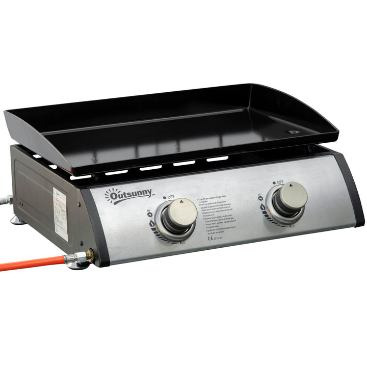 Gasgrill med 2 brændere, slange, non-stick grillplade, rustfrit stål, farve: sølv, 48,5 x 48 x 21 cm