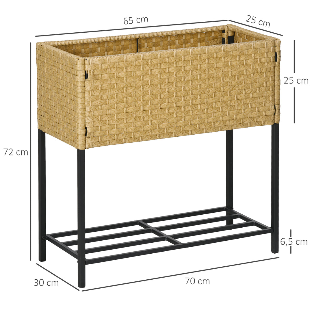 Højbed, blomsterkasse, dyb hylde, metalstel/polyrattan, 70 x 30 x 72 cm, beige