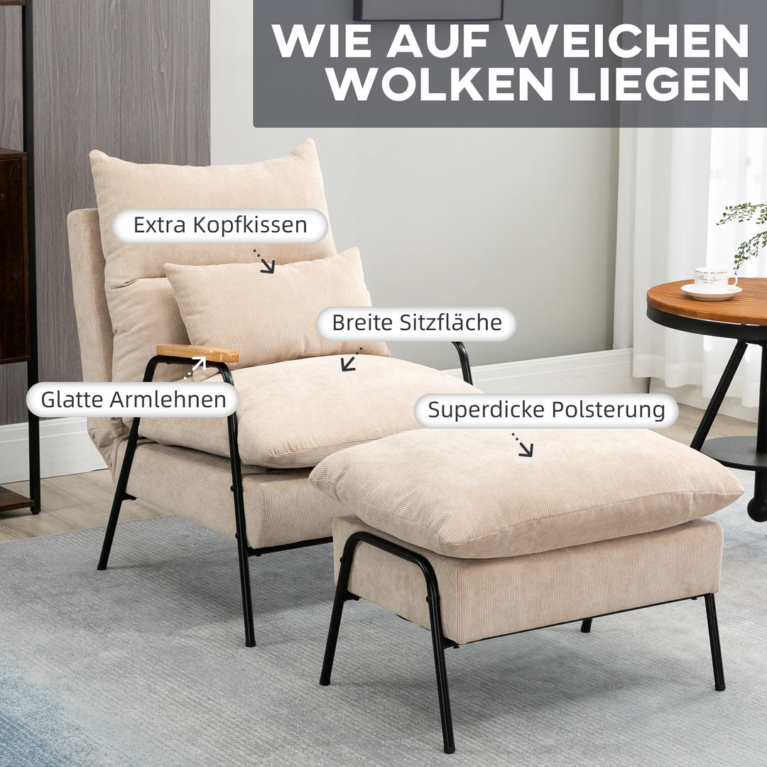 Polstret lænestol med fodskammel, lænestol med hvilefunktion, polstret lænestol, hynde, tv-lænestol, 68 x 91,5 x 88 cm, beige
