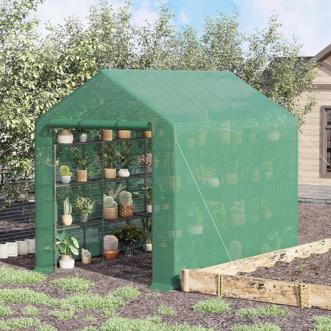 Plastikdrivhus, walk-in drivhus med 8 hylder, tomatdrivhus, drivhus, kold ramme med dør, grøn stål, pe-plast 244 x 180 x 210 cm