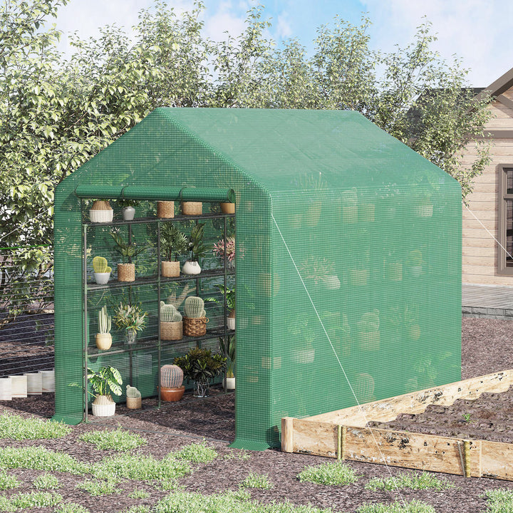 Plastikdrivhus, walk-in drivhus med 8 hylder, tomatdrivhus, drivhus, kold ramme med dør, grøn stål, pe-plast 244 x 180 x 210 cm