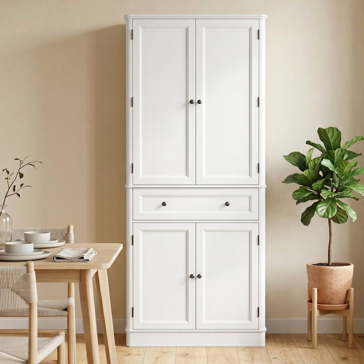 Køkkenskab med 4 døre, skuffe og justerbare hylder til køkken, 80 x 39,5 x 186,4 cm Hvid