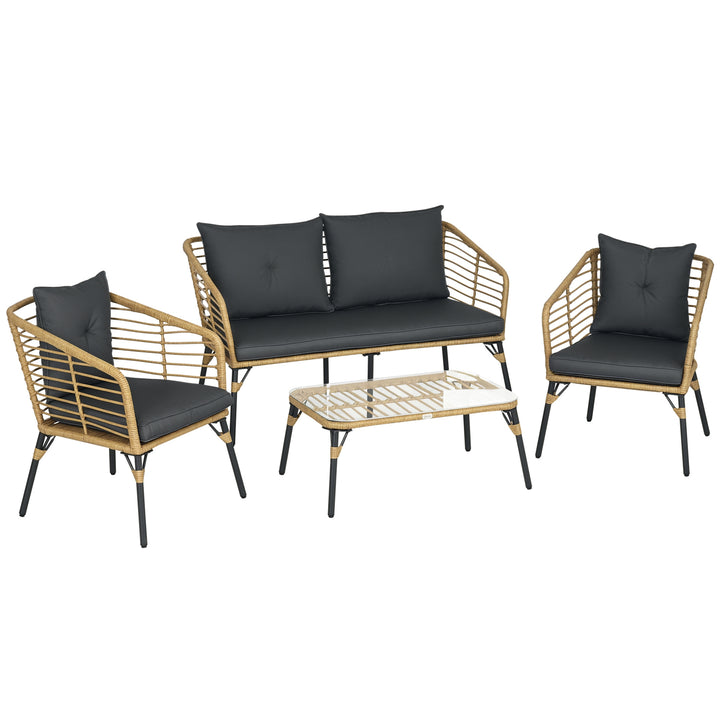 Havemøbelsæt til 4 personer, rattan siddesæt med hynder, boho-stil balkonmøbler, sand + mørkegrå
