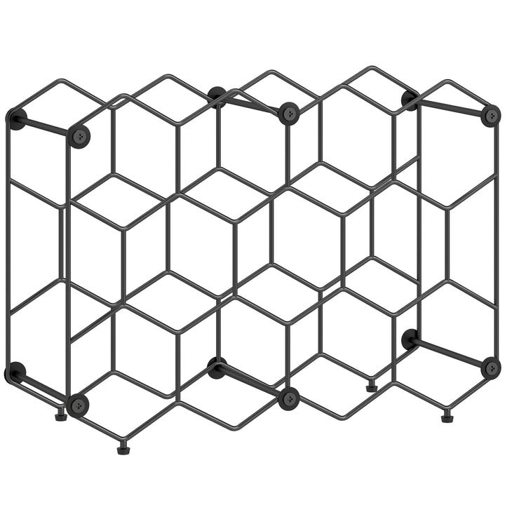 Vinreol til 13 flasker, bikageformet design, justerbare fødder, anti-tip anordning, metal, 43 x 15,5 x 31 cm, sort