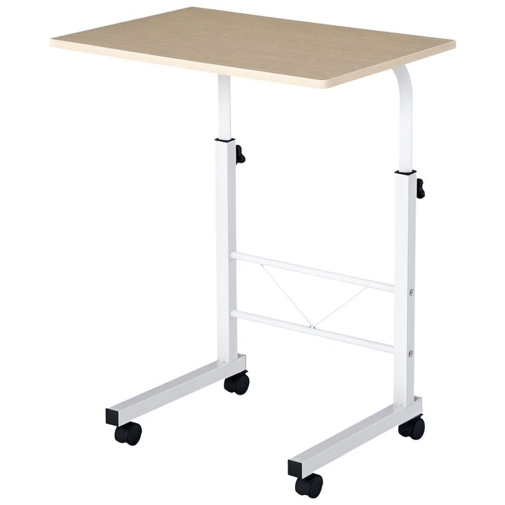 Sidebord højdejusterbart sofabord mobilt endbord med hjul låsebremser c-borde spånplade stål jern plastik hvid ahornfarve 60 x 40 x 68-78 cm