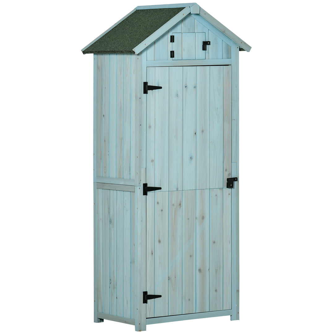 Træskur, vejrbestandigt redskabsskur 77x54,2x179cm, havehus med dør, skråtag, redskabsskab med hylder, redskabsskur til haven, terrasse, lyseblå+grøn