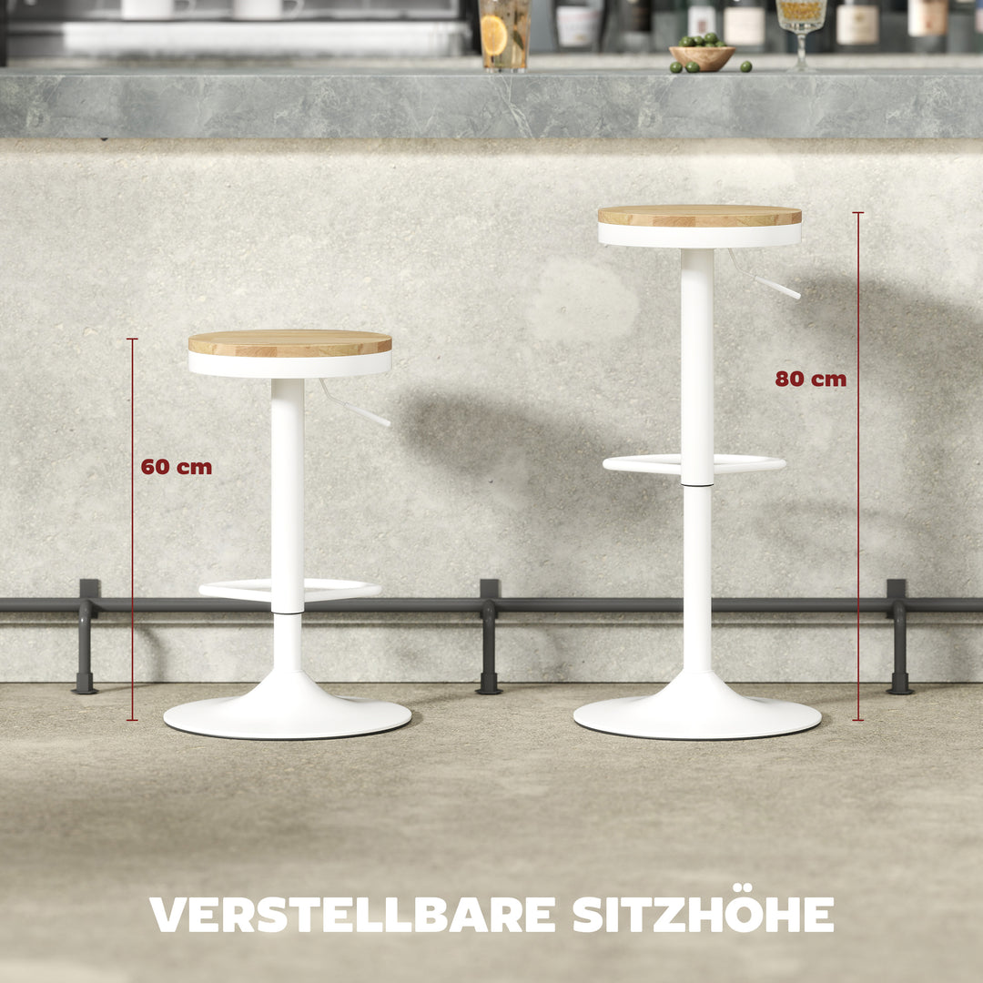 Barstolsæt med 2, højdejusterbar, 360° drejelig, med stålstel og fodstøtte, 38,5x38,5x60-80 cm, naturtræ + hvid