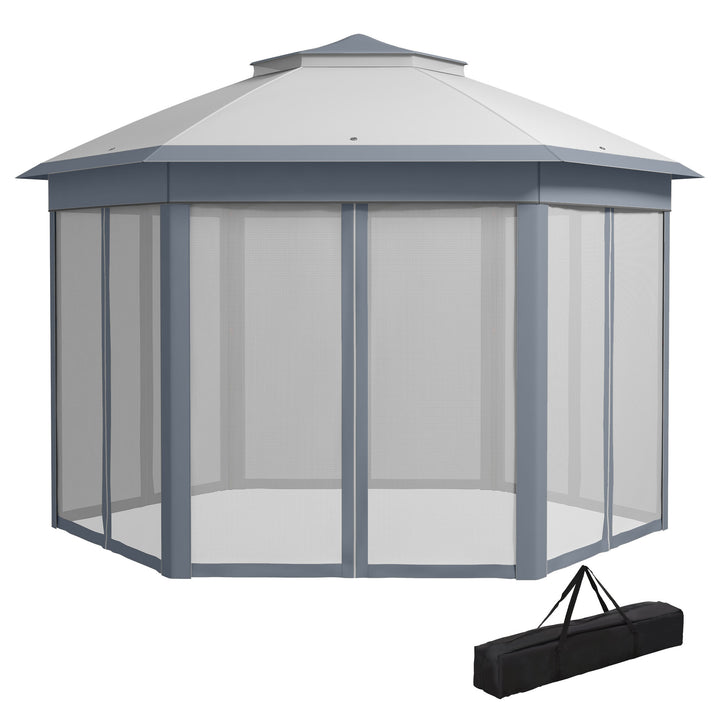 Foldbart pavillon 4 x 4m sekskantet design, netgardiner, vandafvisende, ventileret tag til grill, grå og hvid