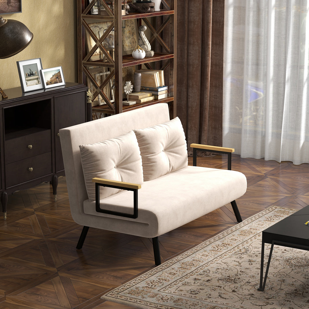 2-Personers sovesofa, fløjlsofa, sovefunktion, inklusive 2 puder, fløjlslook, naturlig + beige + sort