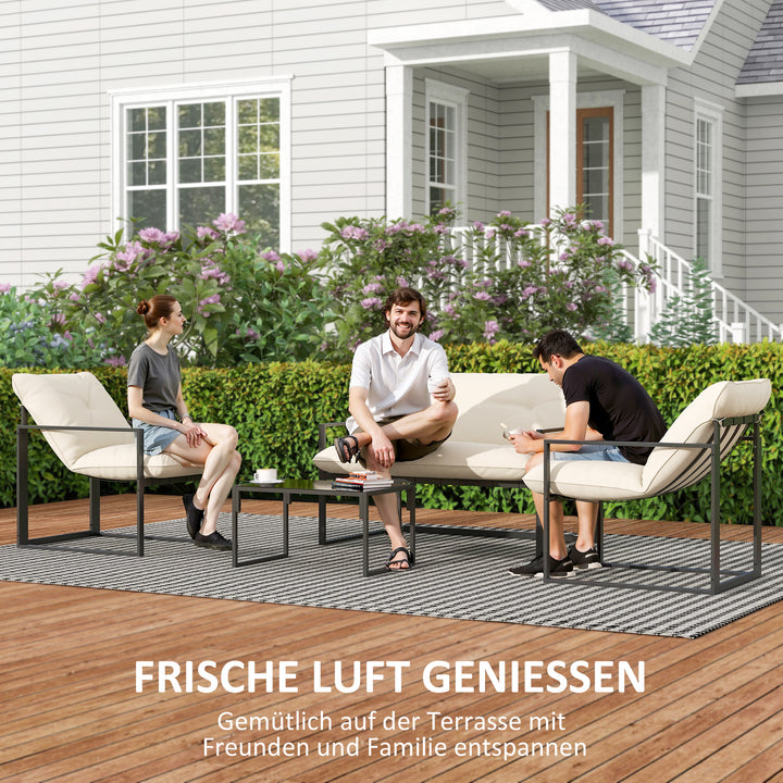 Havemøbelsæt, 1 glasbord, 2 lænestole, 1 sofa, vejrbestandig, 114 cm x 70 cm x 67 cm, grå og beige