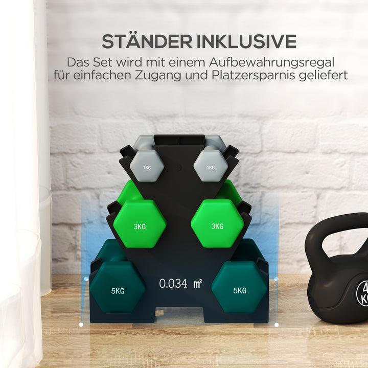 Håndvægtsæt med opbevaringsstativ, sæt med 6 håndvægte til fitnesstræning, 2 x 1 kg, 2 x 3 kg, 2 x 5 kg
