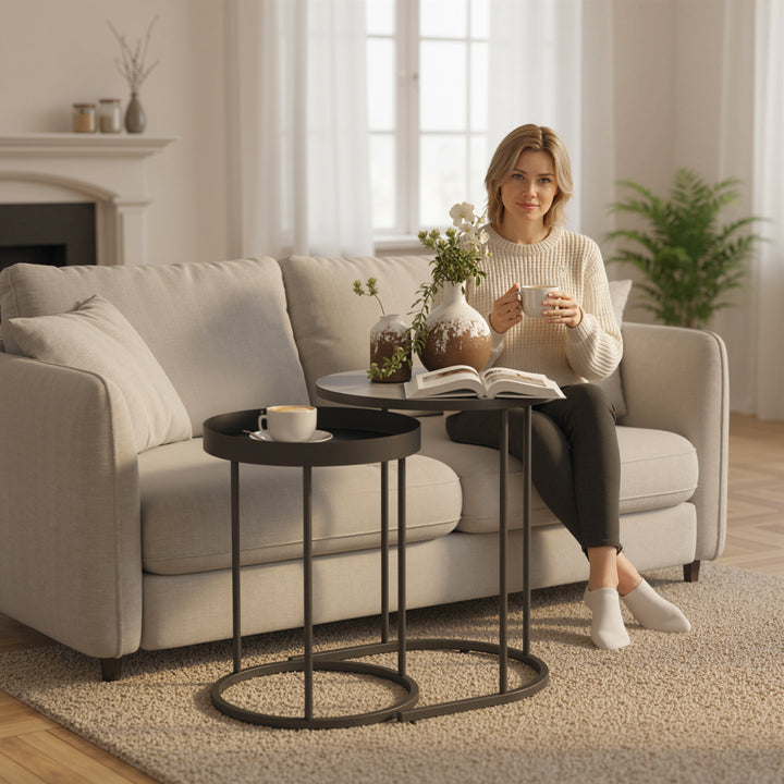 Sæt med 2 stueborde, stabelbare, bakkedesign, metal, grå