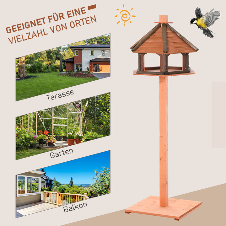 Fuglehus med stativ, vejrbestandig fuglefoderautomat med vejrbestandigt tag, træfuglefoderautomat til vilde fugle, ø52 x 130h cm, naturlig