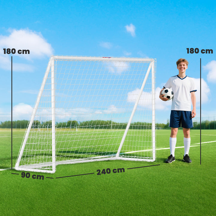 Fodboldmål, robust net, plastikramme, pløkker, 240L x 90B x 180H cm, hvid