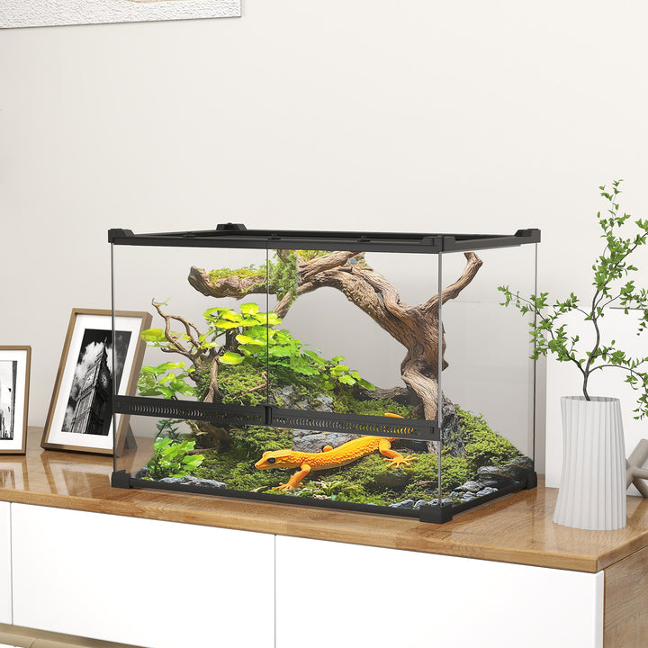 Glas krybdyrterrarium med hævet og vandtæt bund og knaplås