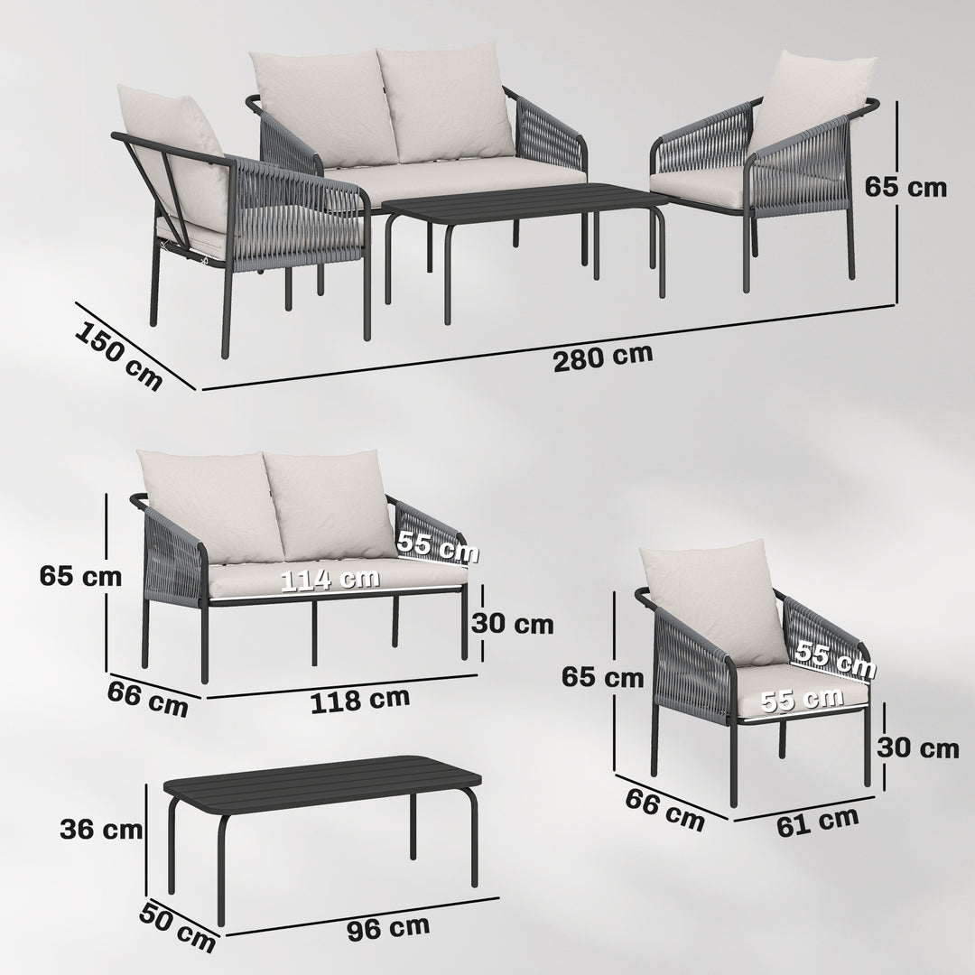4-delt havemøbelsæt, polyrattan loungesæt med to personer, 2 lænestole, aftageligt sofabord, hynder og bånd.