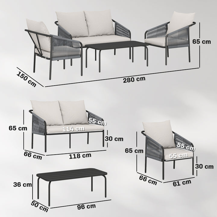 4-delt havemøbelsæt, polyrattan loungesæt med to personer, 2 lænestole, aftageligt sofabord, hynder og bånd.