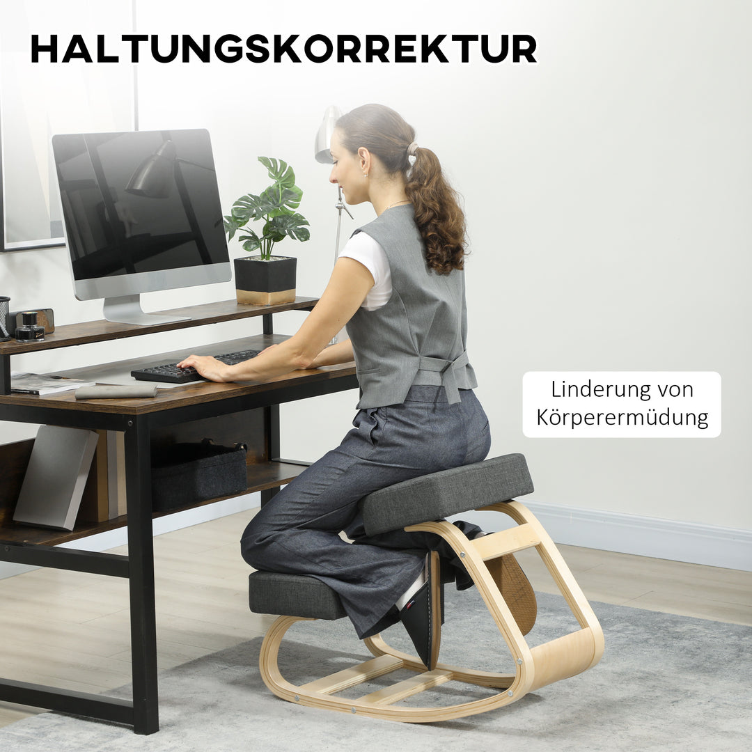 Knælestol, ergonomisk skammel, polstret skammel for en sund kropsholdning, birketræ, 120 kg lasteevne, mørkegrå