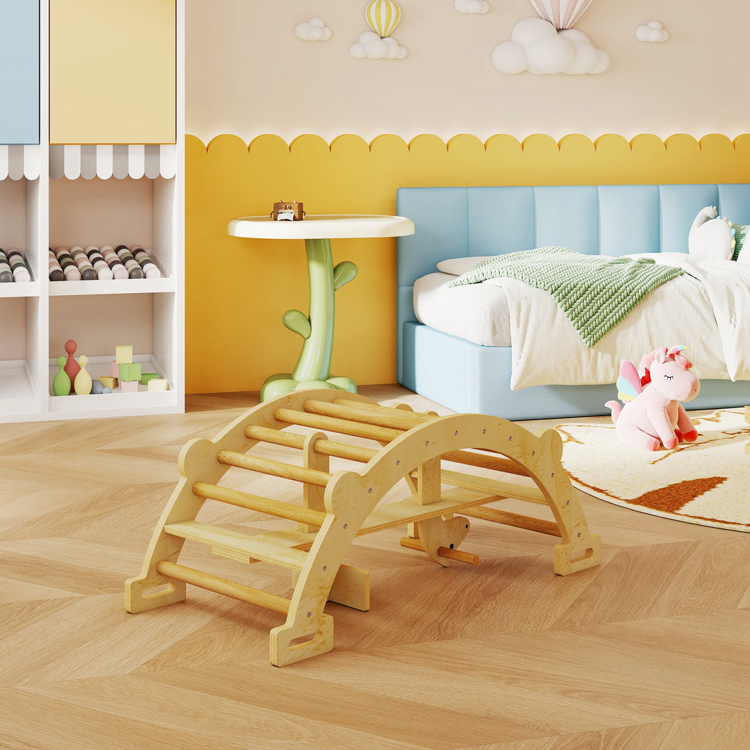 Montessori indendørs klatrestativ, 2-i-1 træklatrebue, til børn 2-4 år, 110x52x45 cm, naturtræ