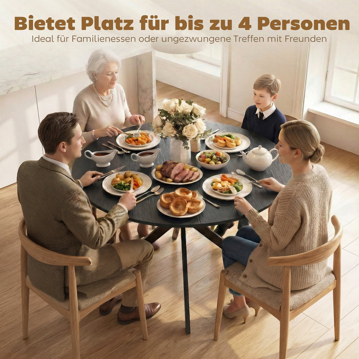 Rundt spisebord til 4 personer, industrielt køkkenbord med stålben, til spisestue, køkken, sort