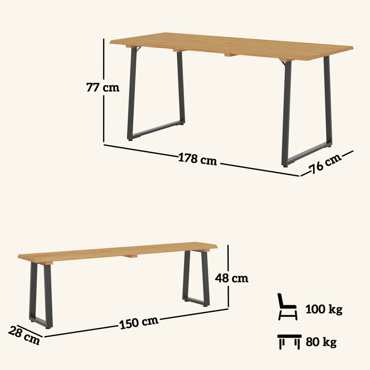 3-Delt træspisesæt til 6 personer, spisebord med 2 bænke, parasolhul, træbord, 178 x 76 x 77 cm, naturtræ