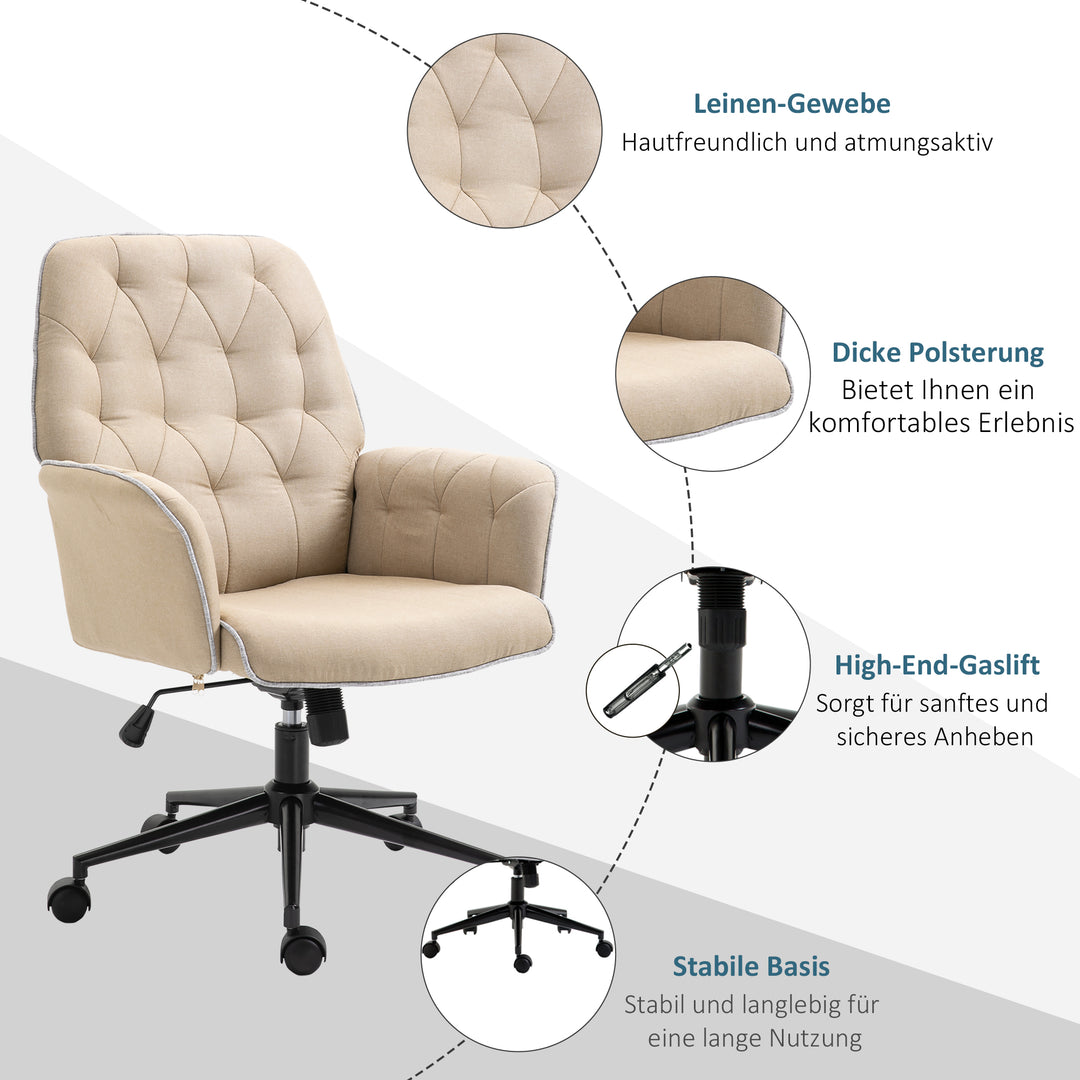 Kontorstol med vippefunktion, drejestol, hjemmekontorstol, højdejusterbar skrivebordsstol, computerstol, arbejdsstol med armlæn, 360° drejelige hjul, skum, beige, 66 x 69 x 89,5-97 cm