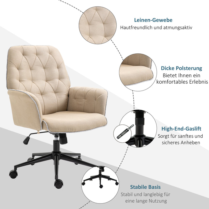 Kontorstol med vippefunktion, drejestol, hjemmekontorstol, højdejusterbar skrivebordsstol, computerstol, arbejdsstol med armlæn, 360° drejelige hjul, skum, beige, 66 x 69 x 89,5-97 cm