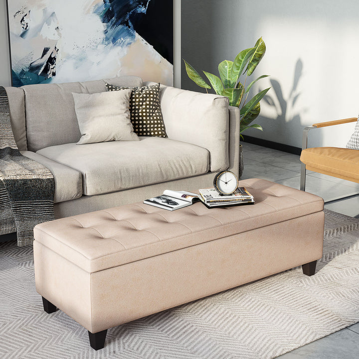 Polstret bænk med opbevaring, knapsyninger, op til 120 kg, 125 x 49 x 41,5 cm, beige