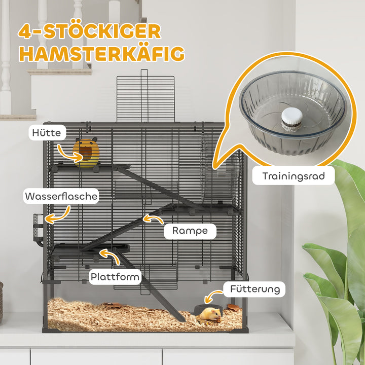 Hamsterbur med glasbund, 4-etagers hamsterbur med bur og tilbehør, 78,5l x 48,5b x 80h cm, sort