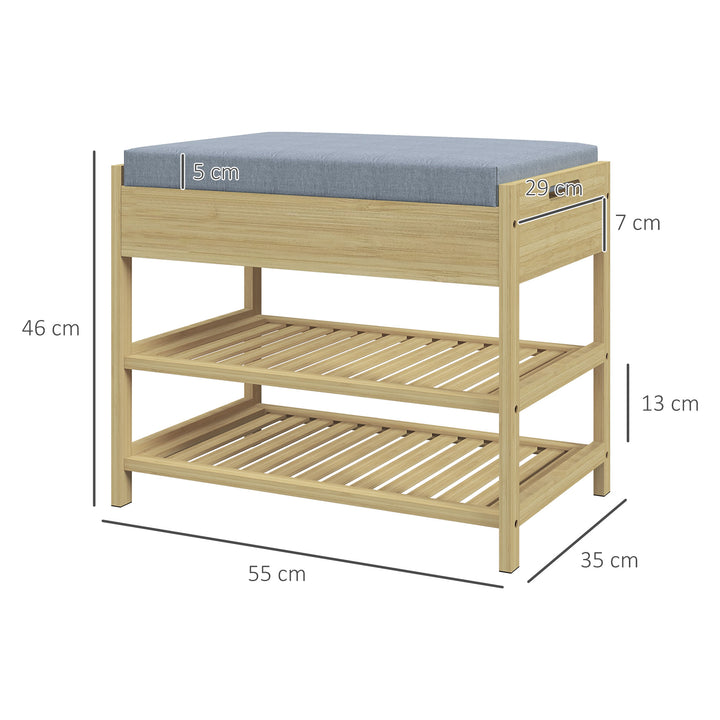 Skohylde med 2 hylder og polstret sæde, bambus, 55 x 35 x 46 cm, grå + natur